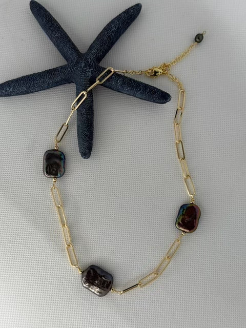 Peacock Biwa Pearl Paperclip Necklace